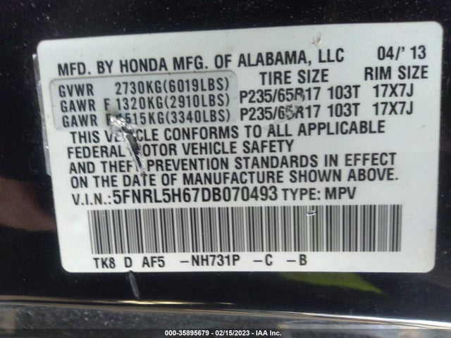 35895679 :رقم المزاد ، 5FNRL5H67DB070493 vin ، 2013 Honda Odyssey Ex-l مزاد بيع