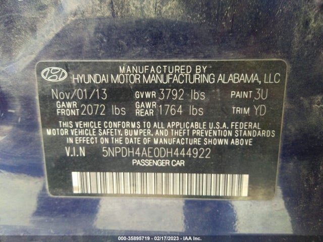 2013 HYUNDAI ELANTRA GLS VIN: 5NPDH4AE0DH444922