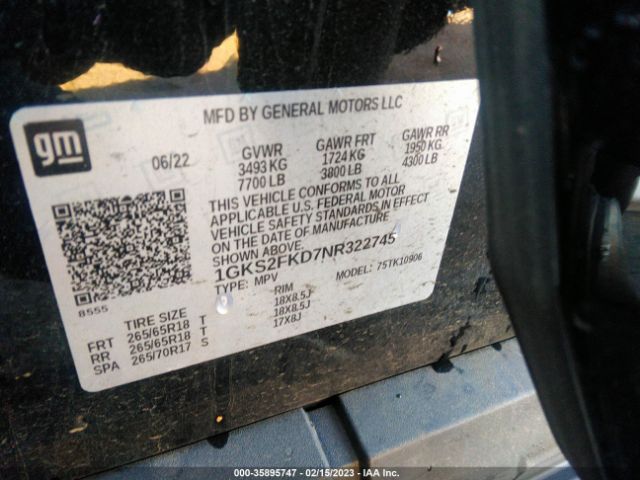 1GKS2FKD7NR322745 GMC Yukon Xl Sle