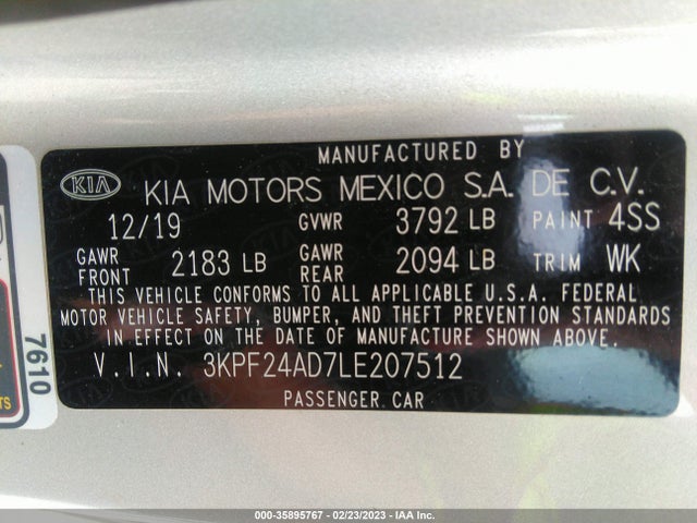 2020 KIA FORTE LXS VIN: 3KPF24AD7LE207512