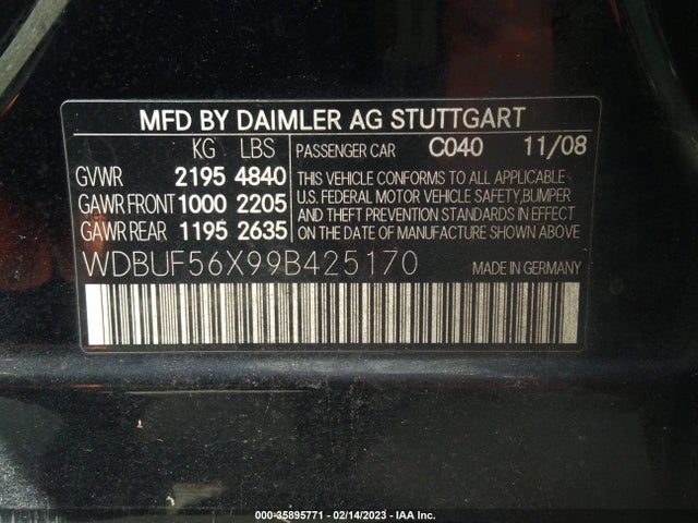 2009 MERCEDES-BENZ E-CLASS 3.5L VIN: WDBUF56X99B425170