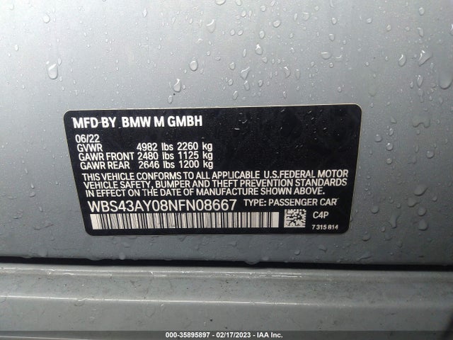 2022 BMW M3 COMPETITION XDRIVE VIN: WBS43AY08NFN08667