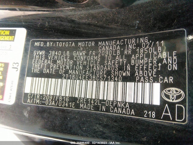 2011 TOYOTA COROLLA L/LE/S VIN: 2T1BU4EE3BC571340