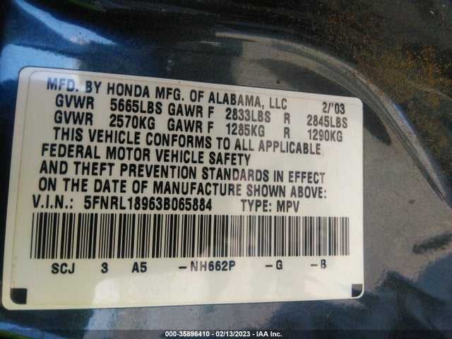 2003 HONDA ODYSSEY EX-L VIN: 5FNRL18963B065884