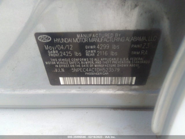 2013 HYUNDAI SONATA LIMITED PZEV VIN: 5NPEC4AC1DH523579