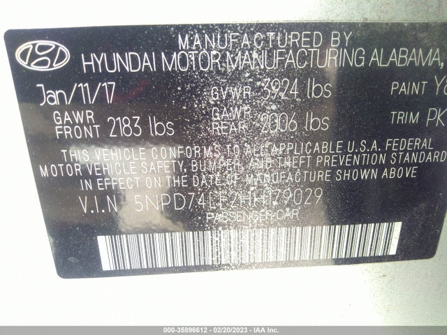 2017 HYUNDAI ELANTRA SE VIN: 5NPD74LF2HH179029