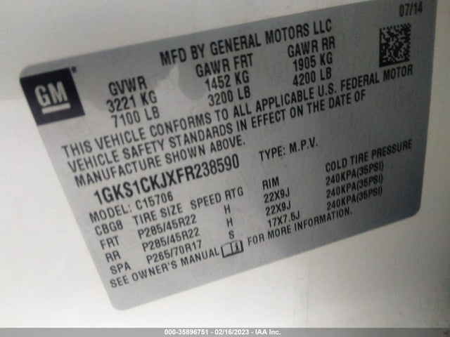 GMC YUKON DENALI 2015 1GKS1CKJXFR238590 Image 9