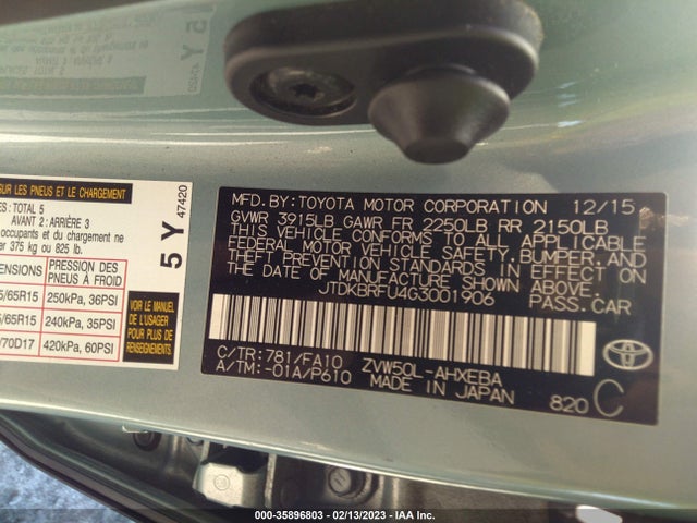 2016 Toyota Prius, VIN: JTDKBRFU4G3001906