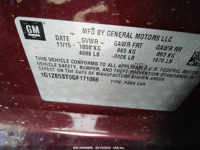 2016 Chevrolet Malibu, VIN: 1G1ZE5ST9GF171066