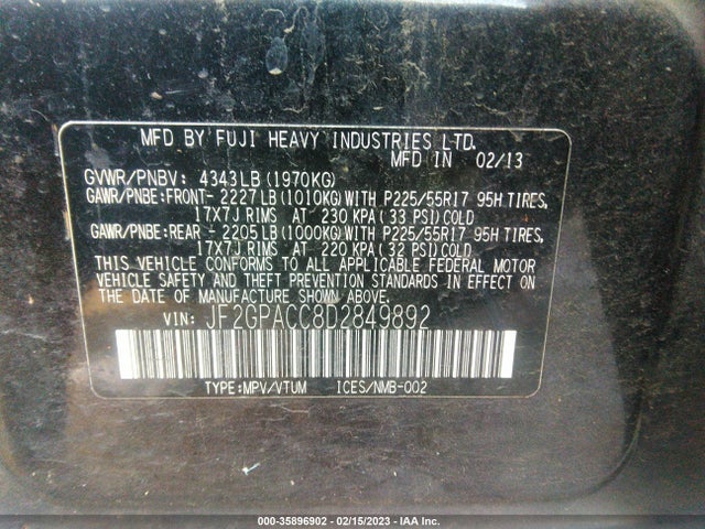 2013 SUBARU XV CROSSTREK PREMIUM VIN: JF2GPACC8D2849892