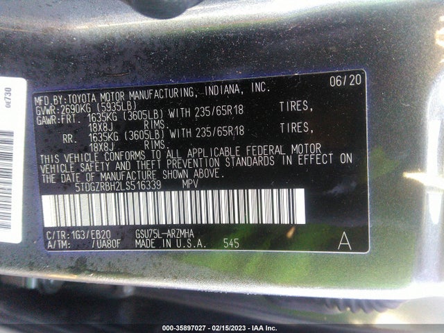 2020 Toyota Highlander, VIN: 5TDGZRBH2LS516339
