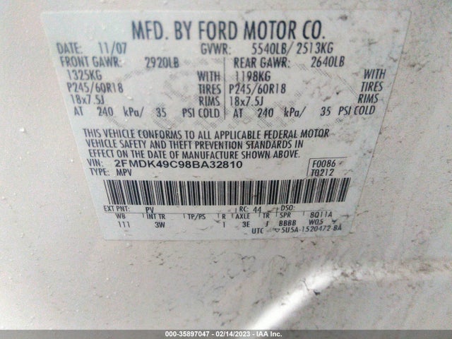 2008 FORD EDGE LIMITED VIN: 2FMDK49C98BA32810