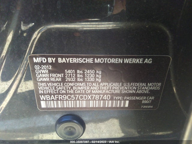 BMW 5 Series 550i 2012 WBAFR9C57CDX78740 Image 10