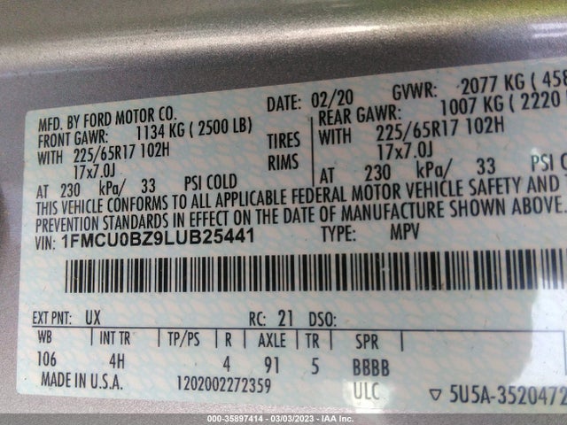 2020 Ford Escape, VIN: 1FMCU0BZ9LUB25441