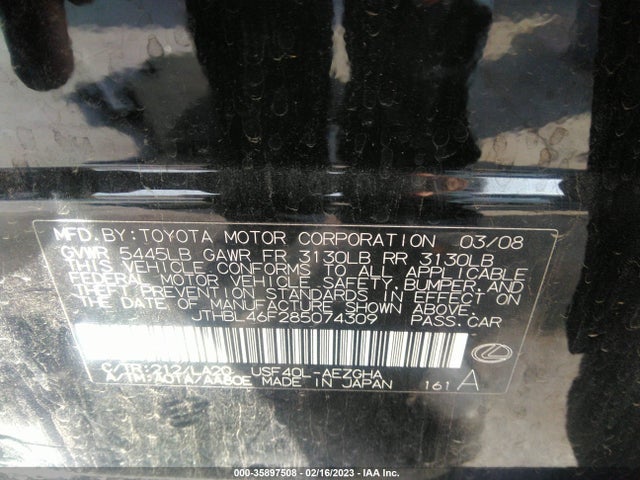 35897508 :رقم المزاد ، JTHBL46F285074309 vin ، 2008 Lexus Ls 460 مزاد بيع