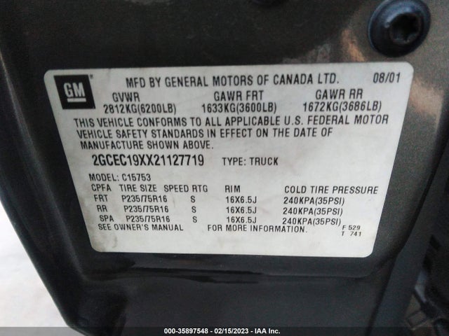 2002 CHEVROLET SILVERADO 1500 VIN: 2GCEC19XX21127719