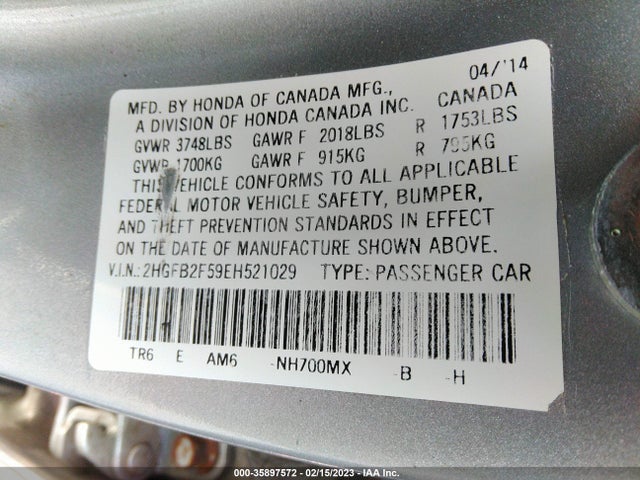 2014 HONDA CIVIC SEDAN LX VIN: 2HGFB2F59EH521029