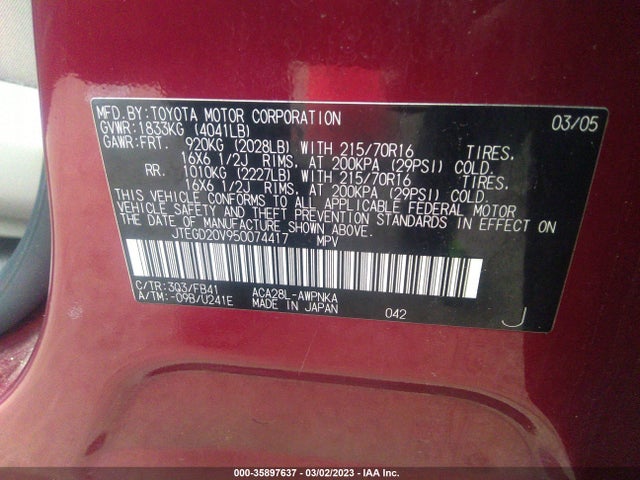 2005 TOYOTA RAV4 VIN: JTEGD20V950074417