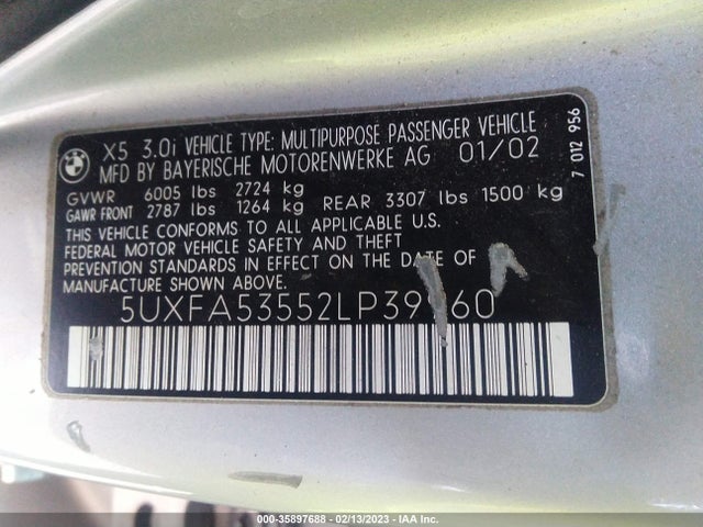 BMW X5 3.0I 2002 5UXFA53552LP39960 Image 10