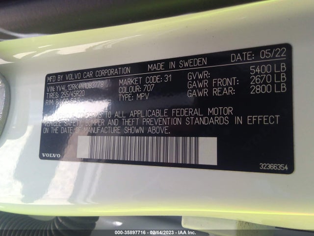 2022 Volvo XC60, VIN: YV4L12RK4N1083778