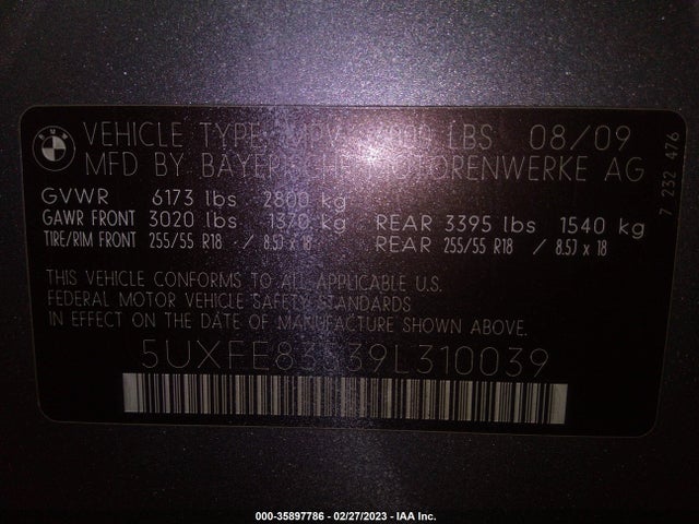 2009 BMW X5 48I VIN: 5UXFE83539L310039