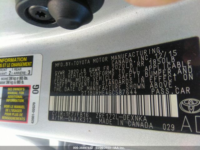 2T1BURHE4GC587644 Toyota COROLLA LE