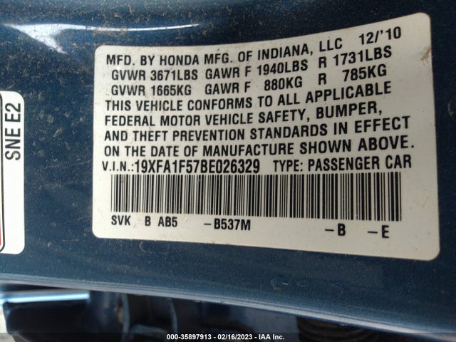 2011 HONDA CIVIC SDN LX VIN: 19XFA1F57BE026329