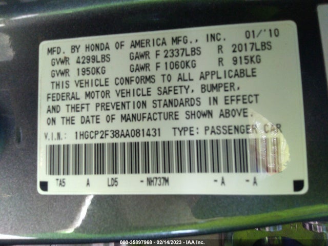 2010 HONDA ACCORD SDN LX VIN: 1HGCP2F38AA081431