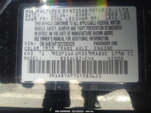 2016 Nissan Sentra, VIN: 3N1AB7AP7GY285625
