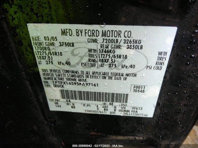 2005 FORD F-150 XLT/FX4/LARIAT/XL VIN: 1FTPX14595FA97161