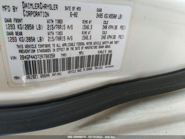2002 DODGE GRAND CARAVAN SPORT VIN: 2B4GP44372R780350