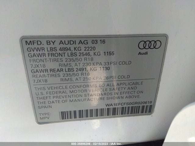 2016 AUDI Q3 PREMIUM PLUS VIN: WA1EFCFS0GR020618