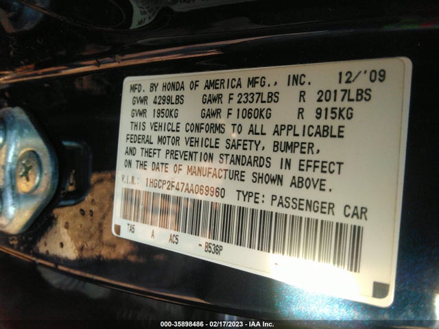 2010 HONDA ACCORD SDN LX-P VIN: 1HGCP2F47AA069960