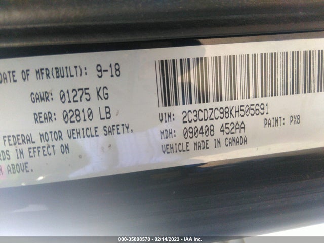2019 DODGE CHALLENGER SRT HELLCAT VIN: 2C3CDZC98KH505691