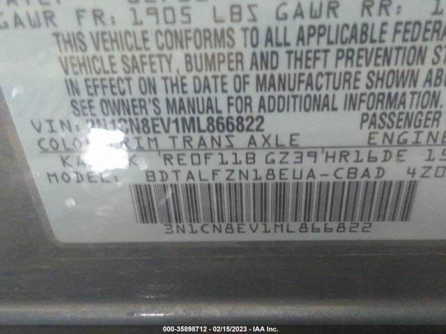 2021 Nissan Versa, VIN: 3N1CN8EV1ML866822