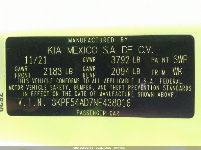 3KPF54AD7NE438016 KIA Forte Gt-line