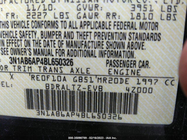 2011 NISSAN SENTRA 2.0 SR VIN: 3N1AB6AP4BL650326