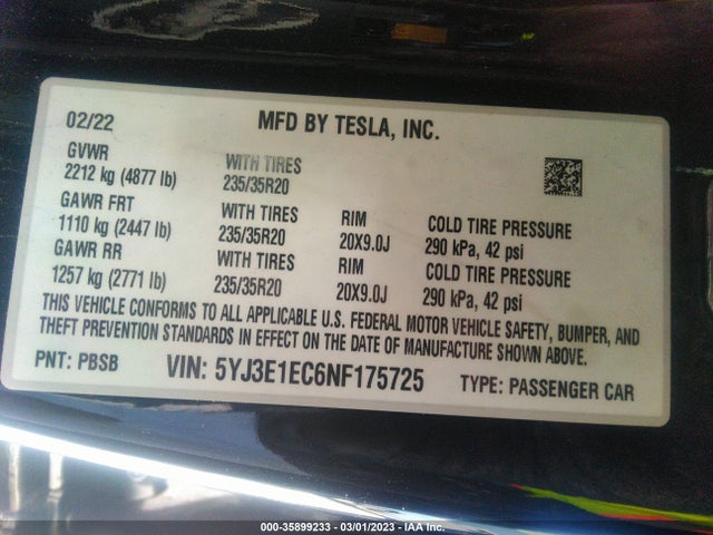 Tesla MODEL 3 2022 5YJ3E1EC6NF175725 Image 11