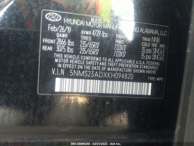 2019 HYUNDAI SANTA FE SE VIN: 5NMS23ADXKH094820