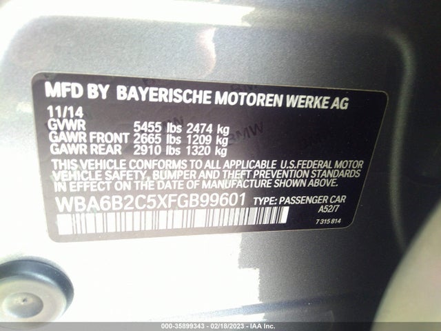 2015 BMW 6 Series, VIN: WBA6B2C5XFGB99601