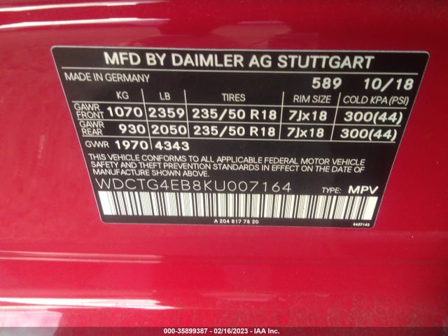 2019 Mercedes-Benz GLA-Class, VIN: WDCTG4EB8KU007164