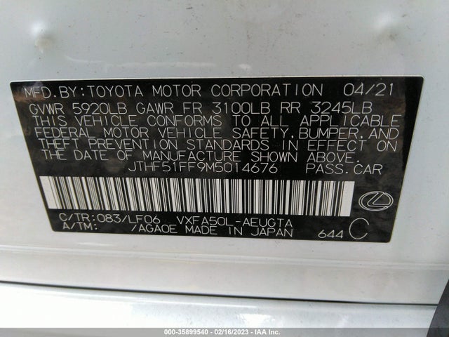 2021 Lexus LS, VIN: JTHF51FF9M5014676