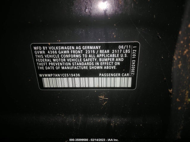 WVWMP7AN1CE519436 Volkswagen Cc Sport Pzev