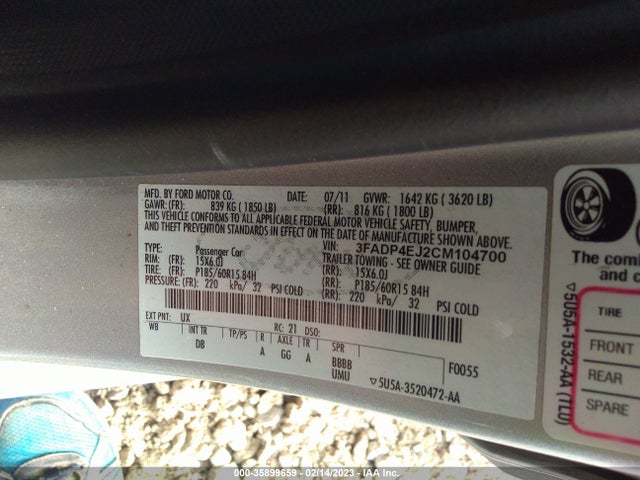 2012 FORD FIESTA SE VIN: 3FADP4EJ2CM104700