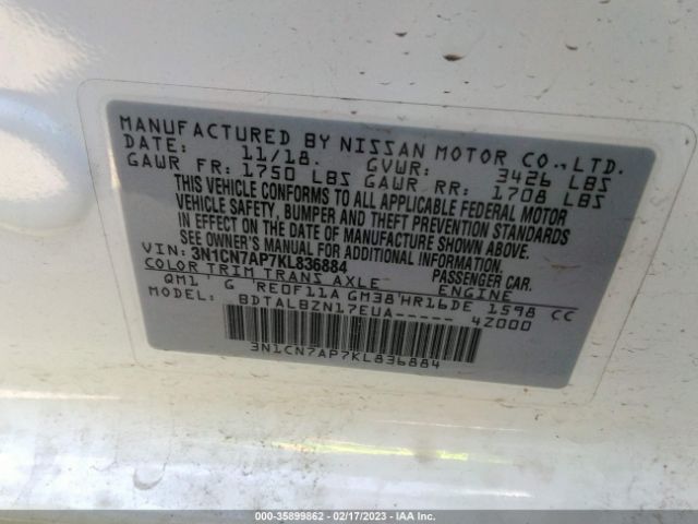 3N1CN7AP7KL836884 Nissan Versa Sedan Sv