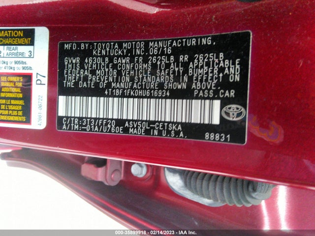 2017 Toyota Camry, VIN: 4T1BF1FK0HU616934