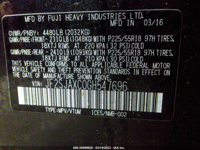 JF2SJAXC0GH547696 Subaru Forester 2.5i Touring