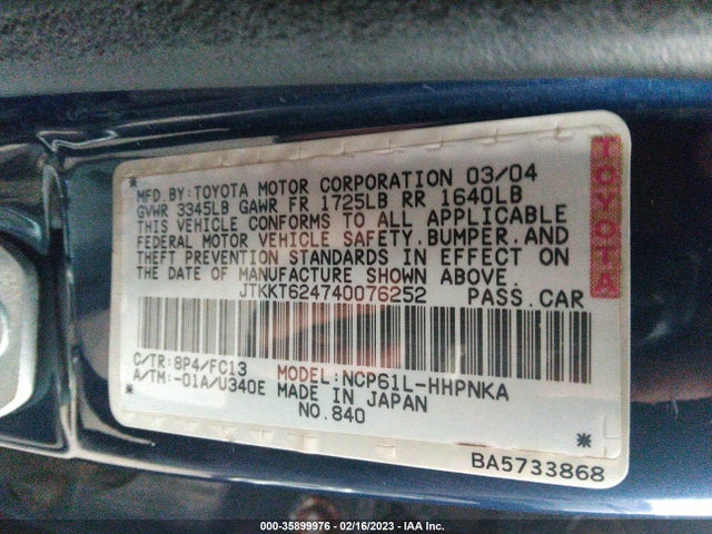 2004 SCION XA VIN: JTKKT624740076252