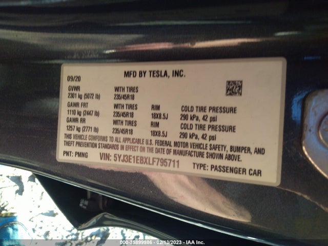 Tesla Model 3 Long Range 2020 5YJ3E1EBXLF795711 Image 10