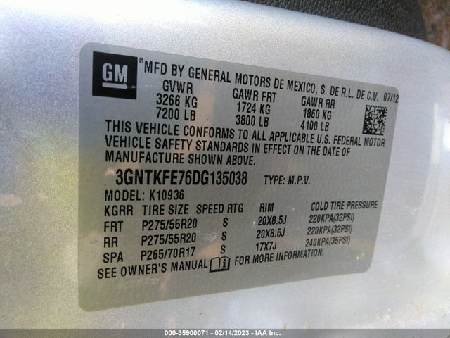 2013 CHEVROLET AVALANCHE LT VIN: 3GNTKFE76DG135038